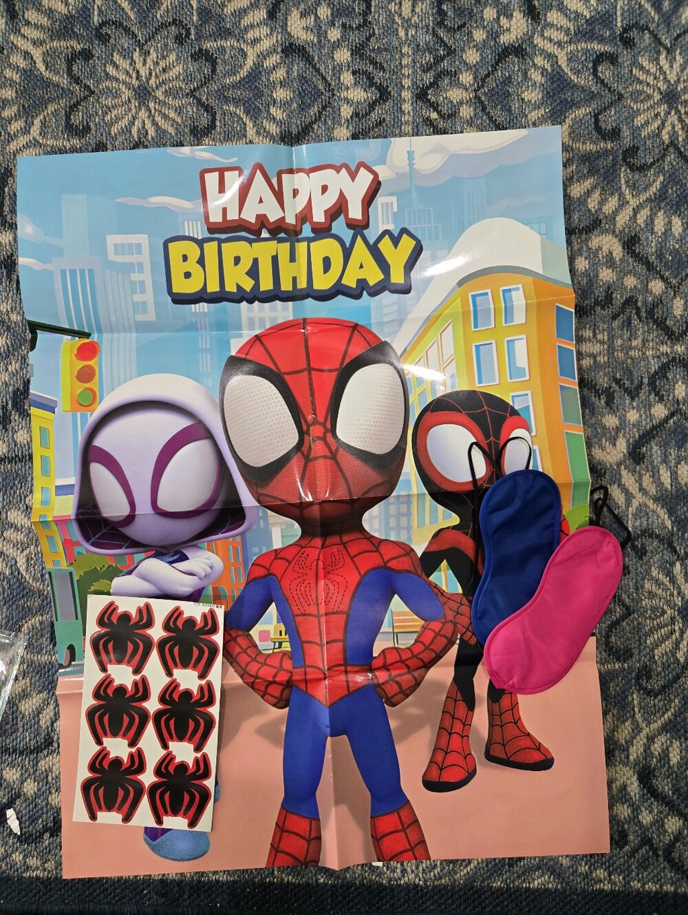Spiderman Happy Birthday Poster with Red, Blue, Pink Accessories